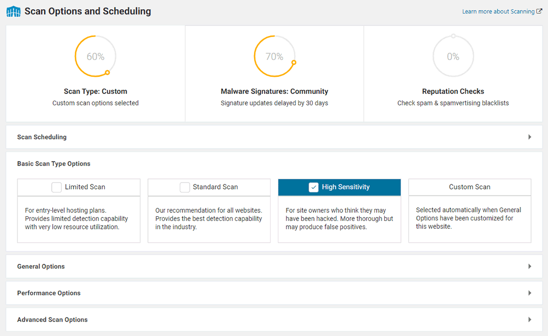 Wordfence dispose de nombreuses options d’analyse et de planification