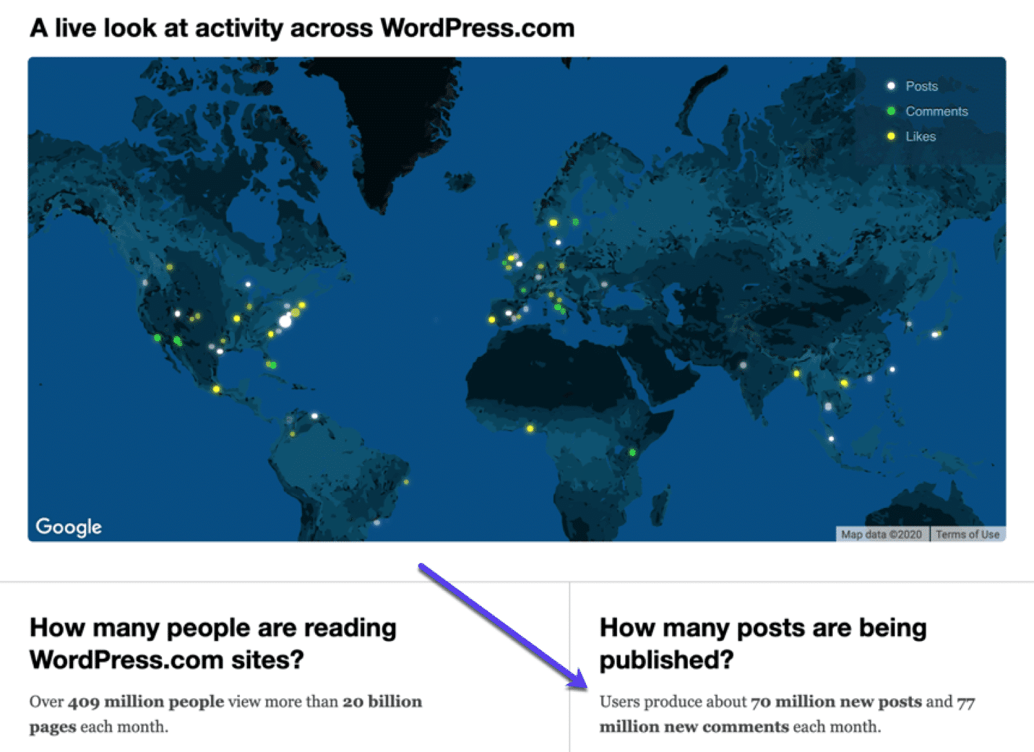 Une carte montrant l'utilisation de WordPress à travers le monde.