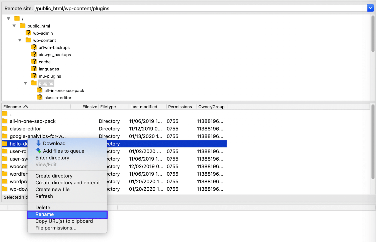 Renommer une extension dans FileZilla