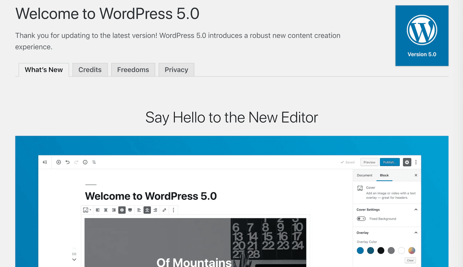 Le message de bienvenue de WordPress 5.0