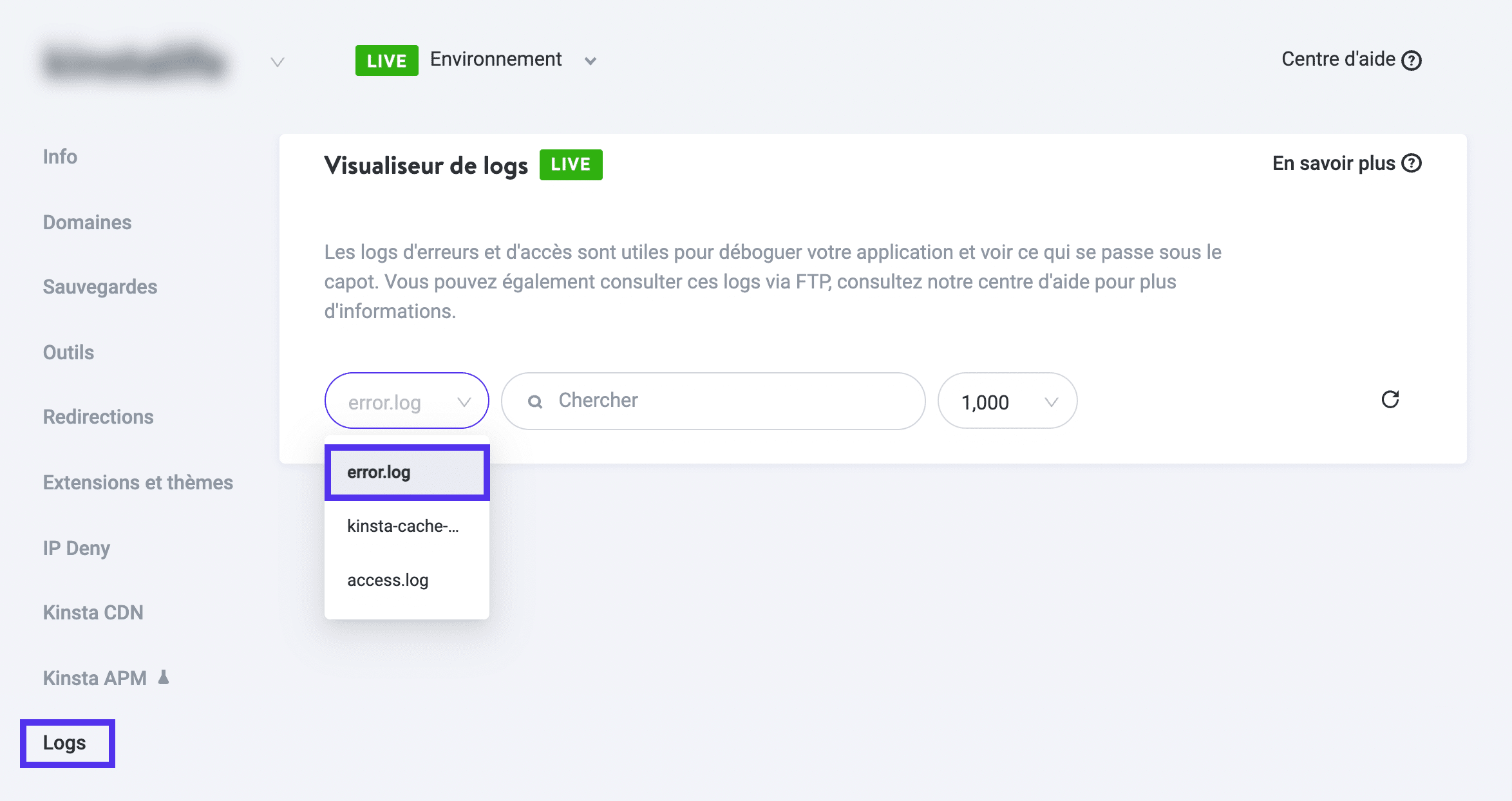 Accès aux journaux d’erreurs dans MyKinsta