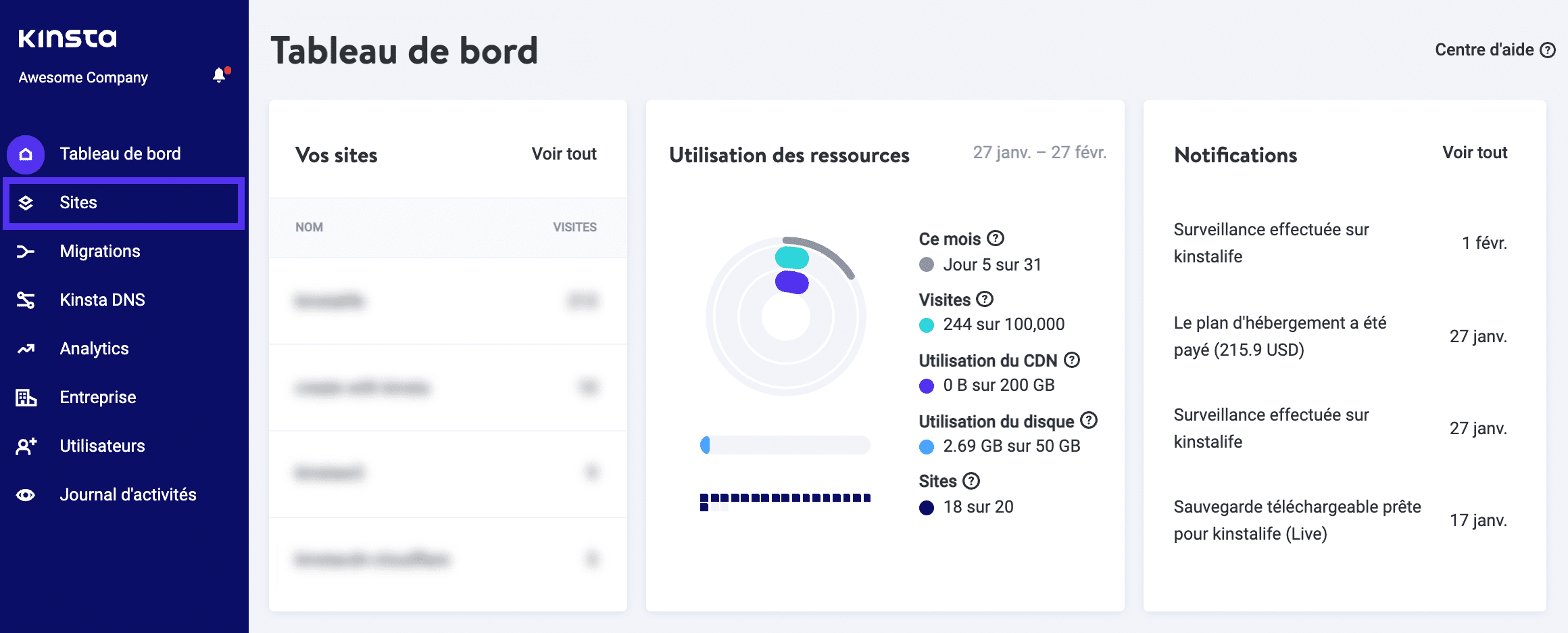 Accéder à vos sites dans le tableau de bord MyKinsta