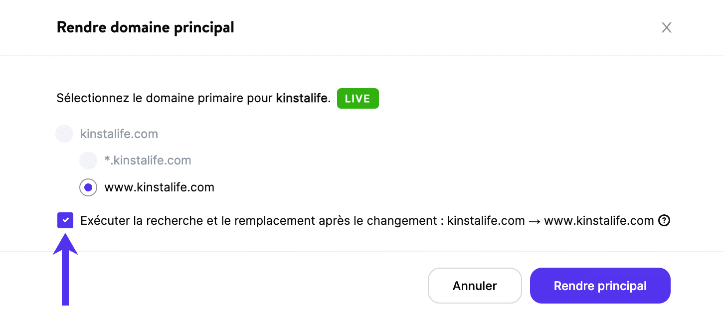 Recherche et remplacement automatiques lors du passage à un nouveau domaine principal.