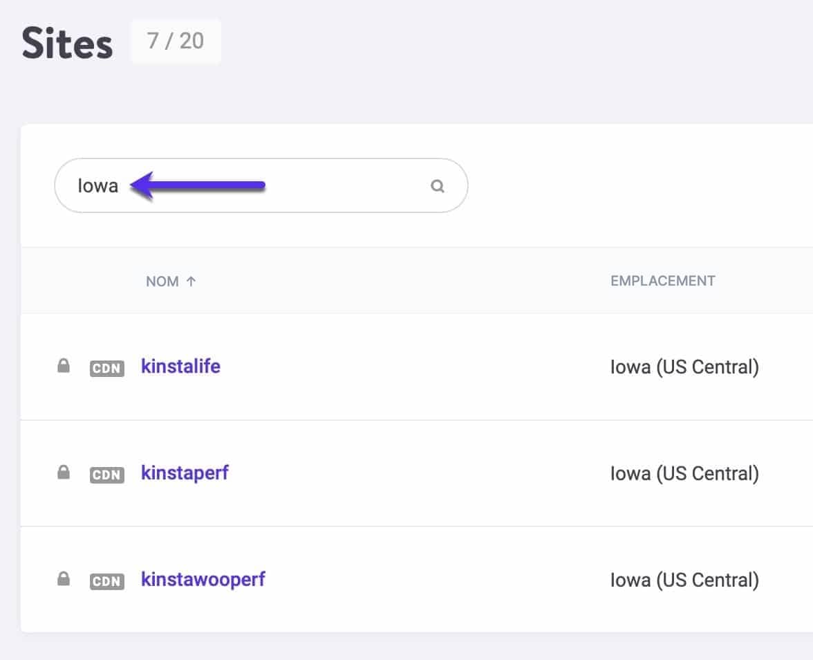 Filtrer les sites par emplacement dans le tableau de bord MyKinsta.