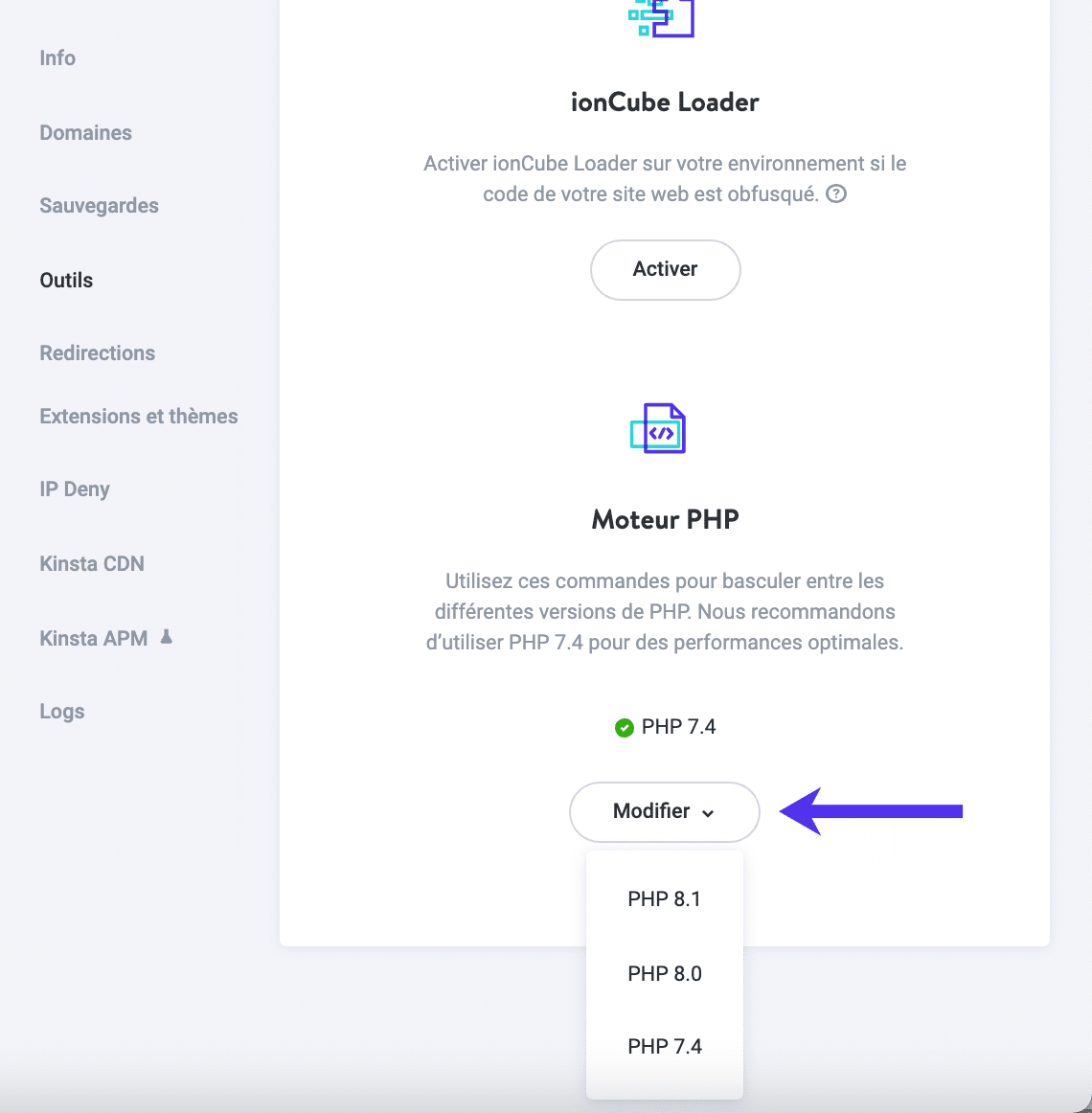 Modifier votre version de PHP dans le tableau de bord MyKinsta