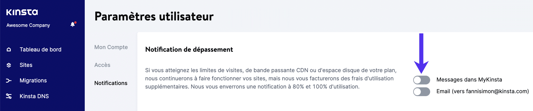 Fenêtre de notification de dépassement