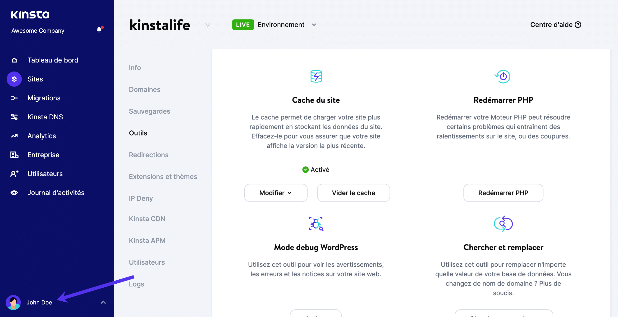 Accédez à la page “Paramètres utilisateur” dans le tableau de bord MyKinsta.