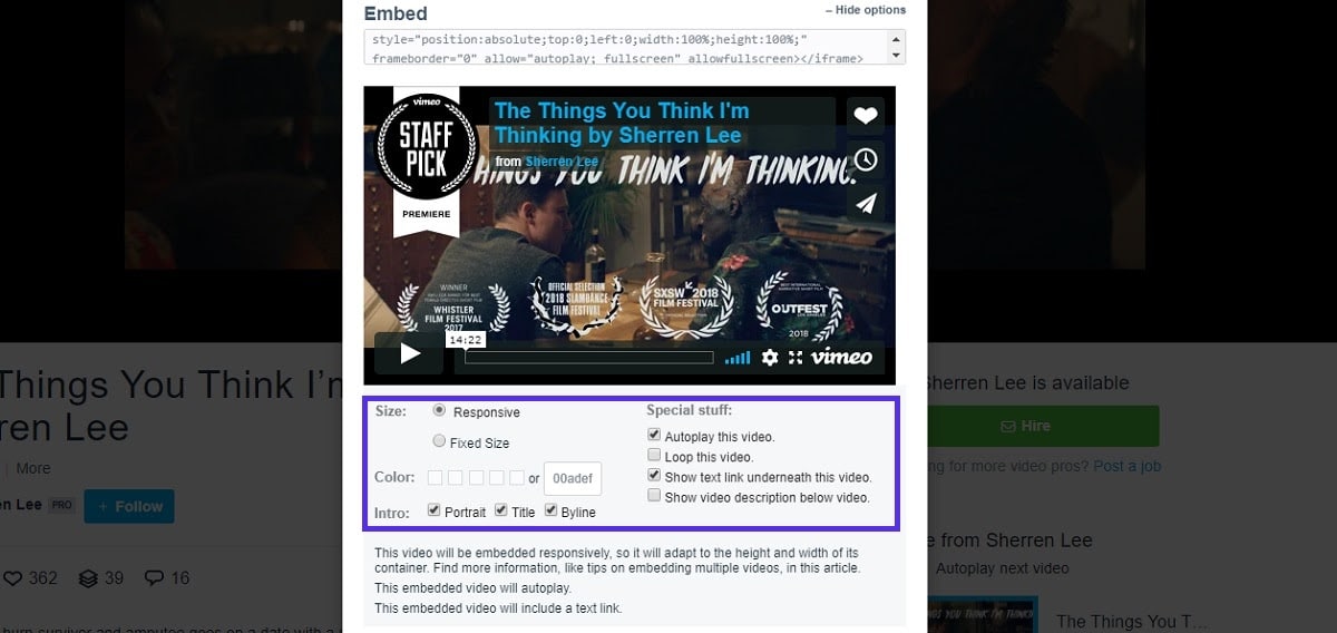 Options d’intégration dans Vimeo