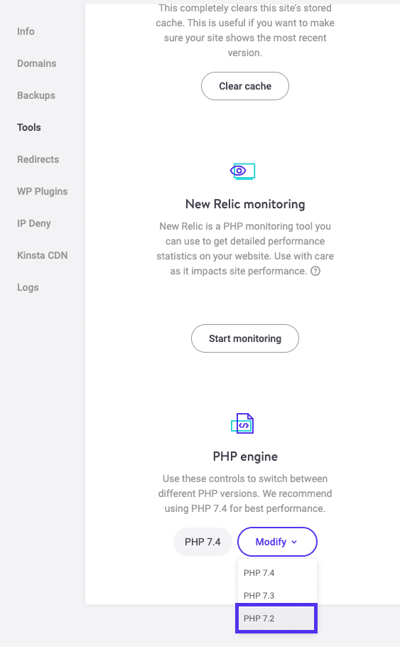 Sélection d'une version de PHP dans le tableau de bord MyKinsta