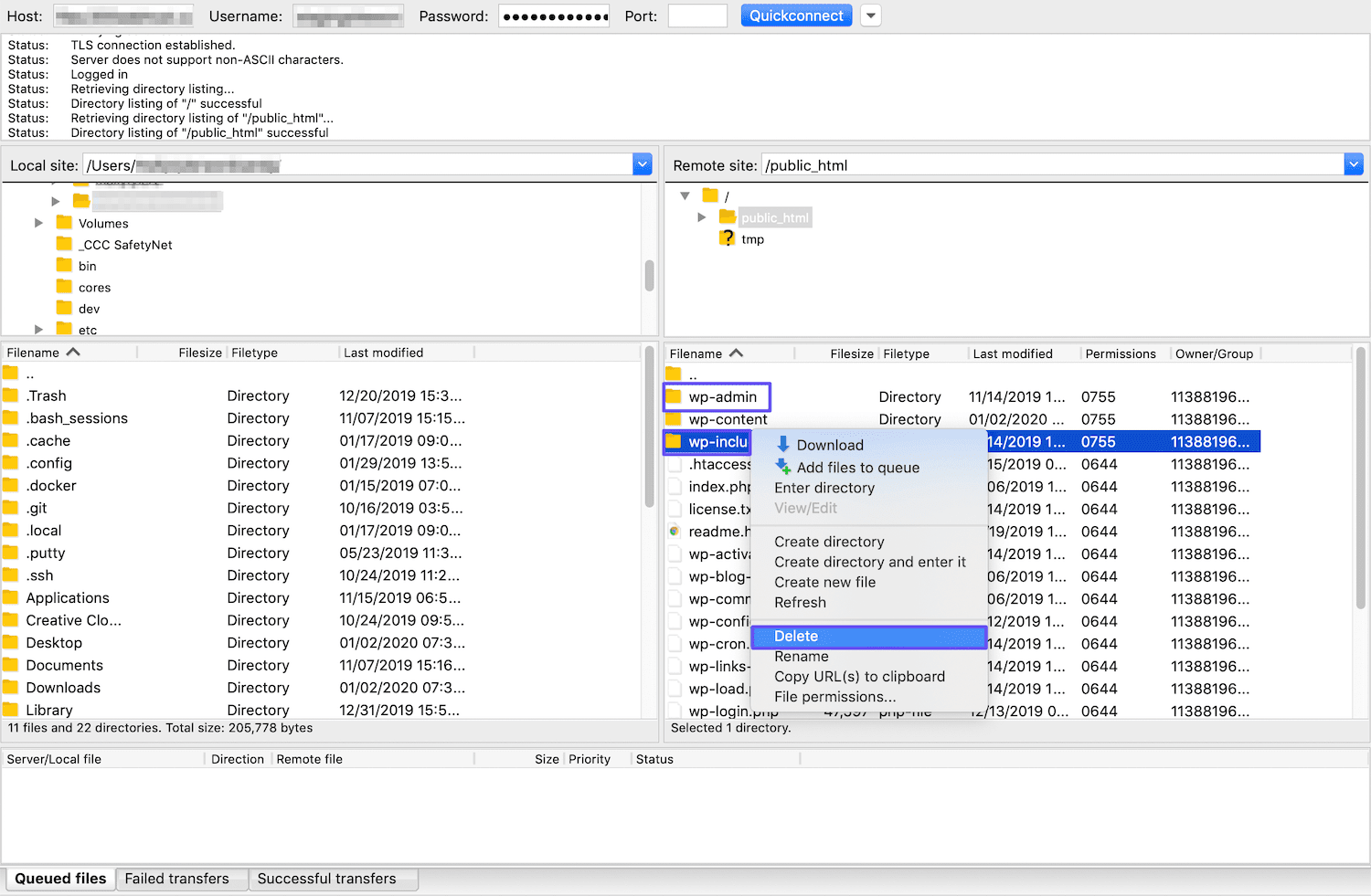 Suppression de wp-admin et wp-includes via FTP