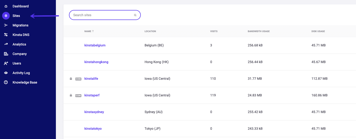 Le tableau de bord MyKinsta