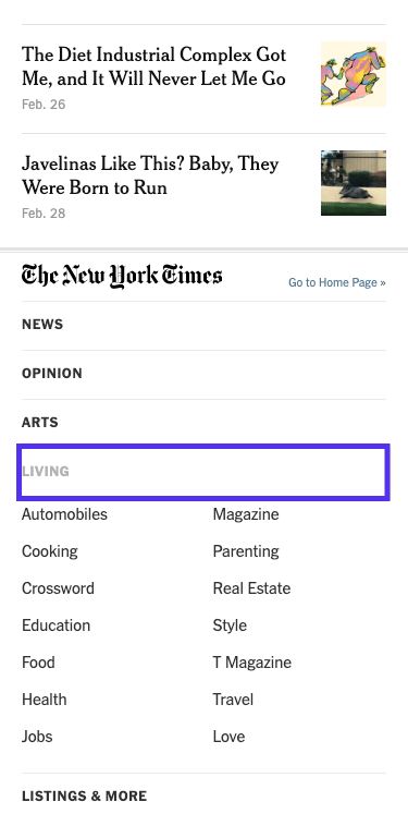 Article du NYT - menu de pied de page élargi (mobile)