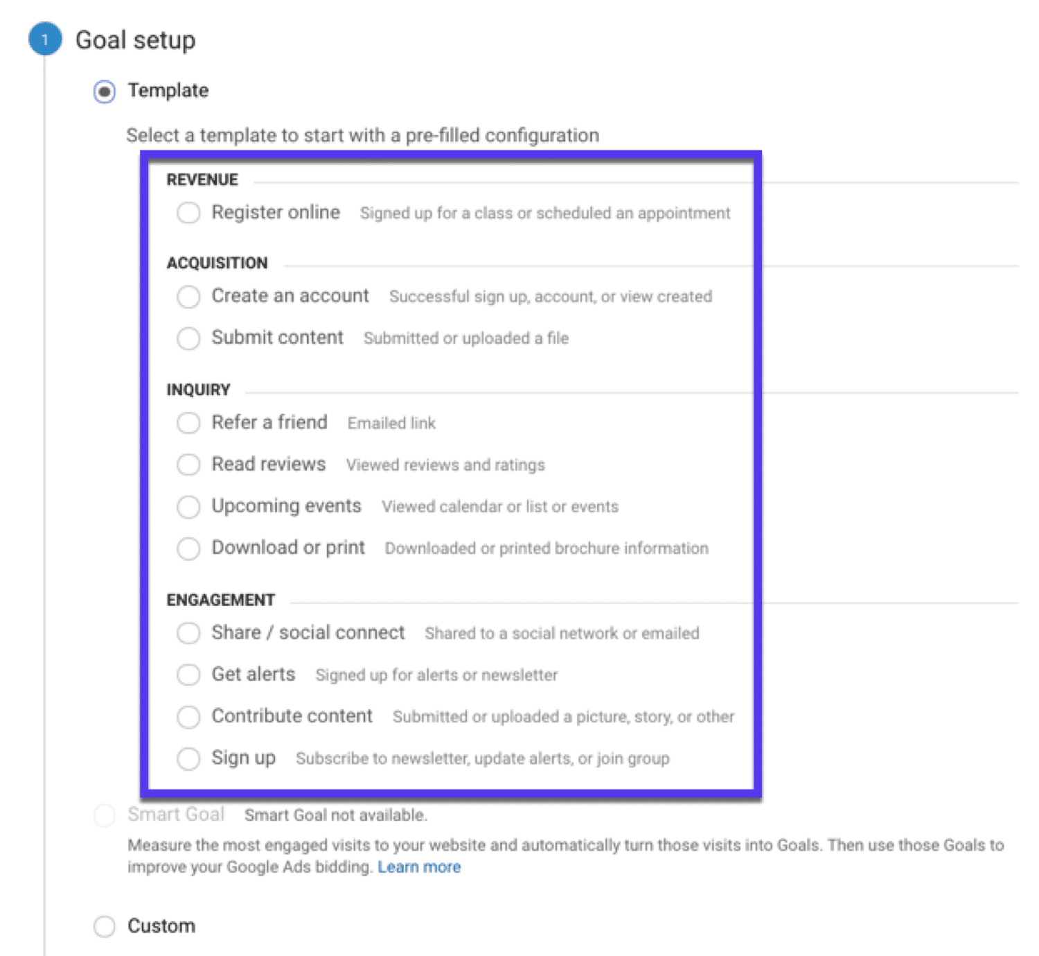 Configuration des objectifs - choisissez la description la plus précise ou choisissez un objectif personnalisé