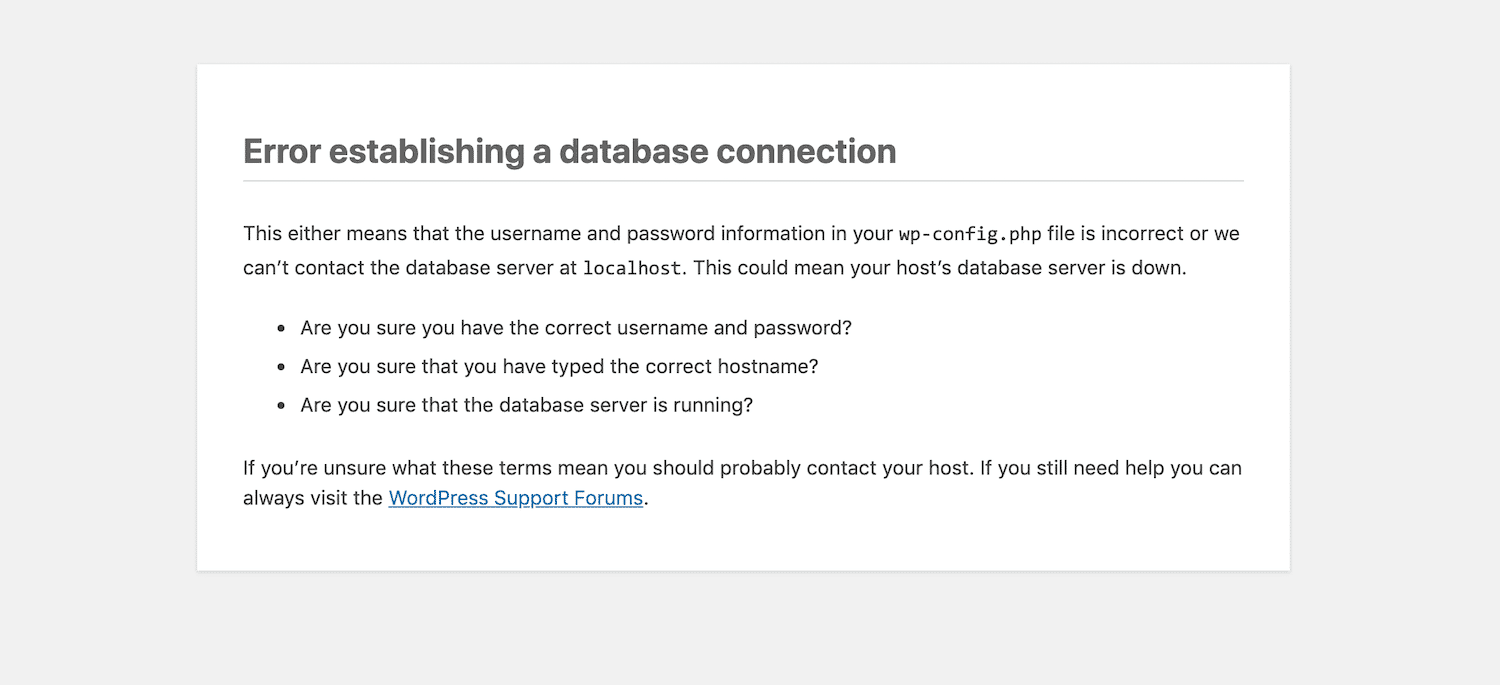 L'erreur d'établissement d'une connexion à une base de données