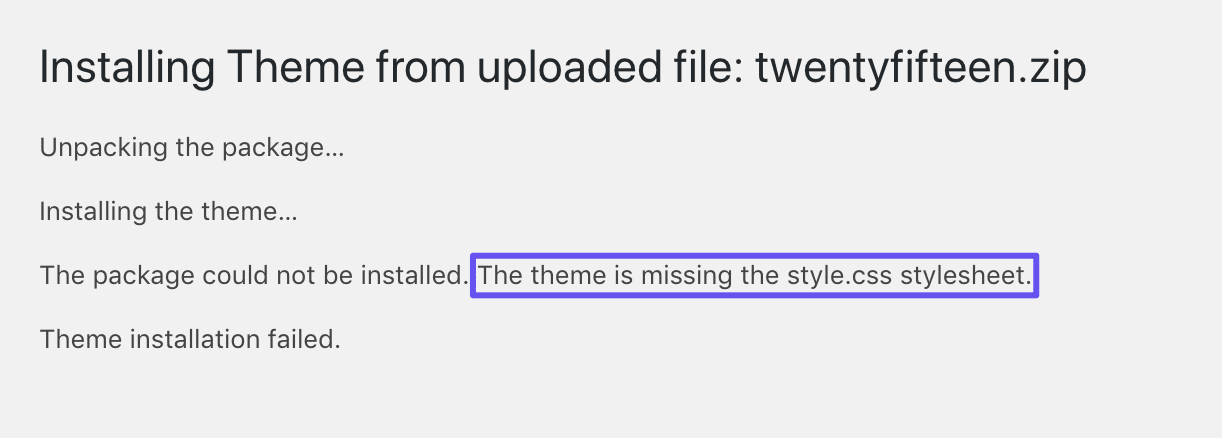 Une installation de thème qui a échoué en raison d'une feuille de style manquante