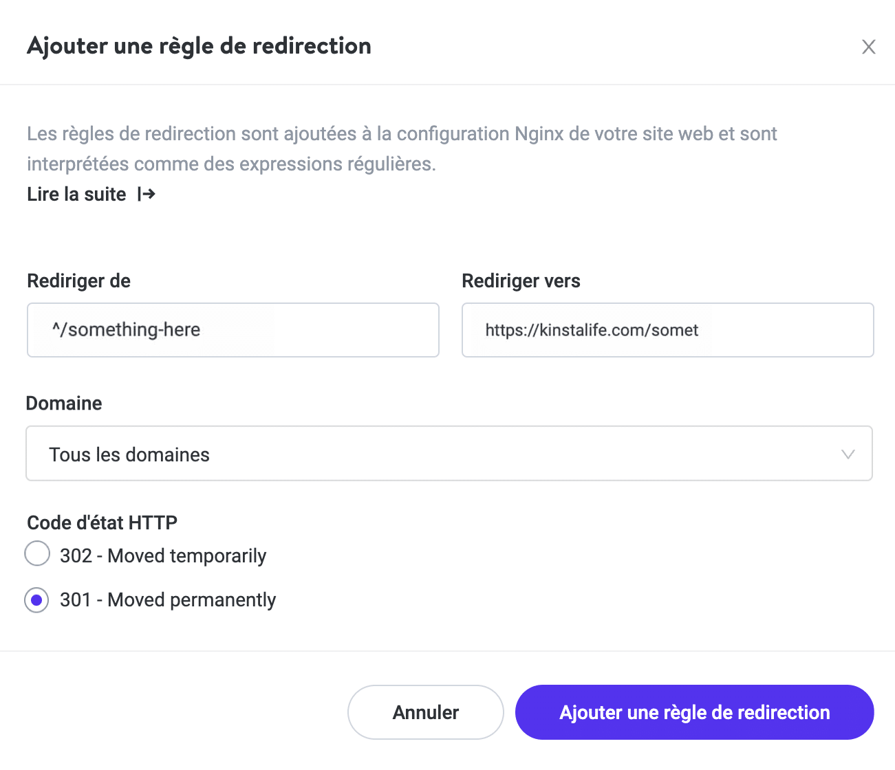 La nouvelle UI de l’outil de redirection dans le tableau de bord de MyKinsta.