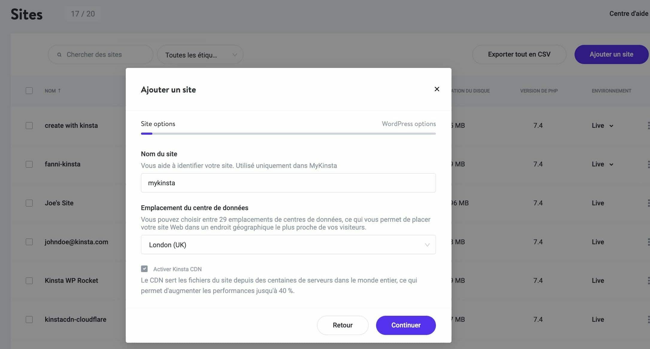 Ajouter un site dans MyKinsta