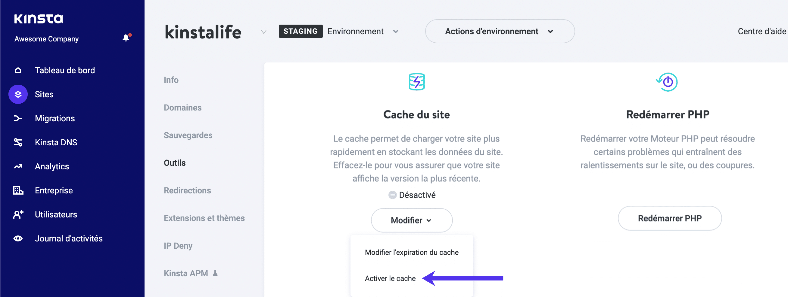 Activer le cache sur un environnement de Staging