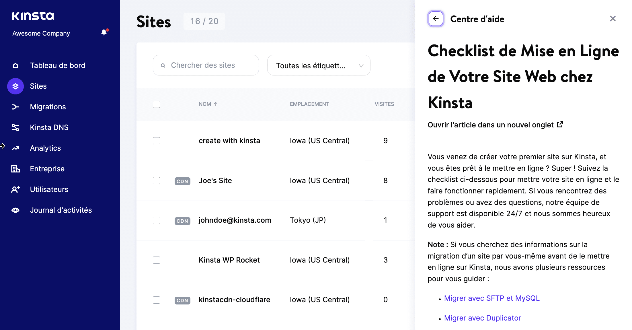 Checklist de Kinsta lors de la création du site.