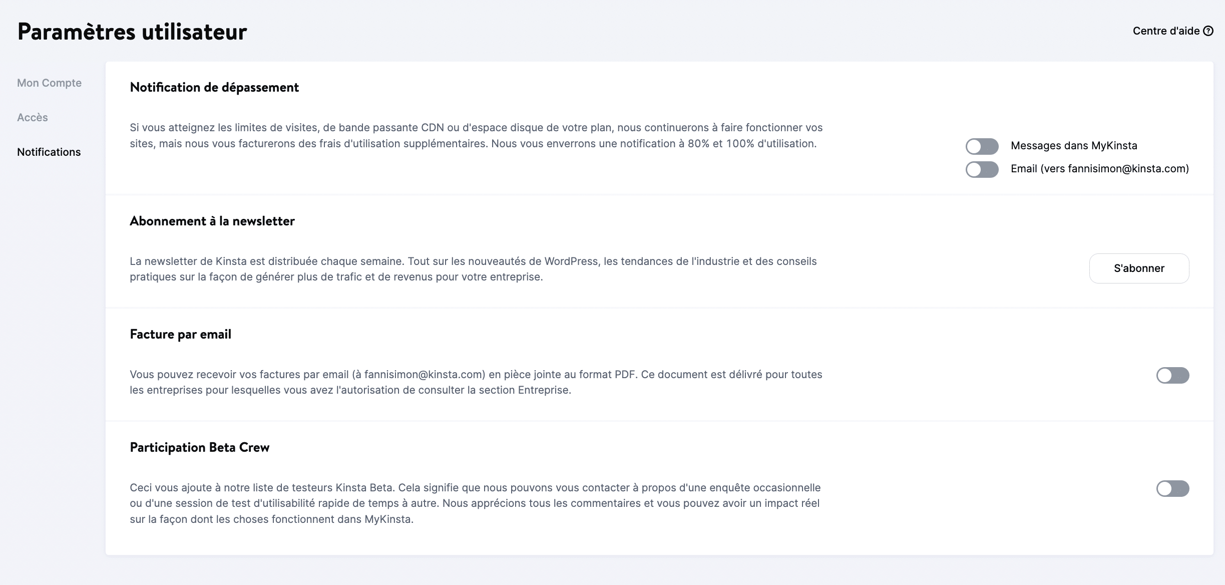 La page « Notifications » dans MyKinsta.