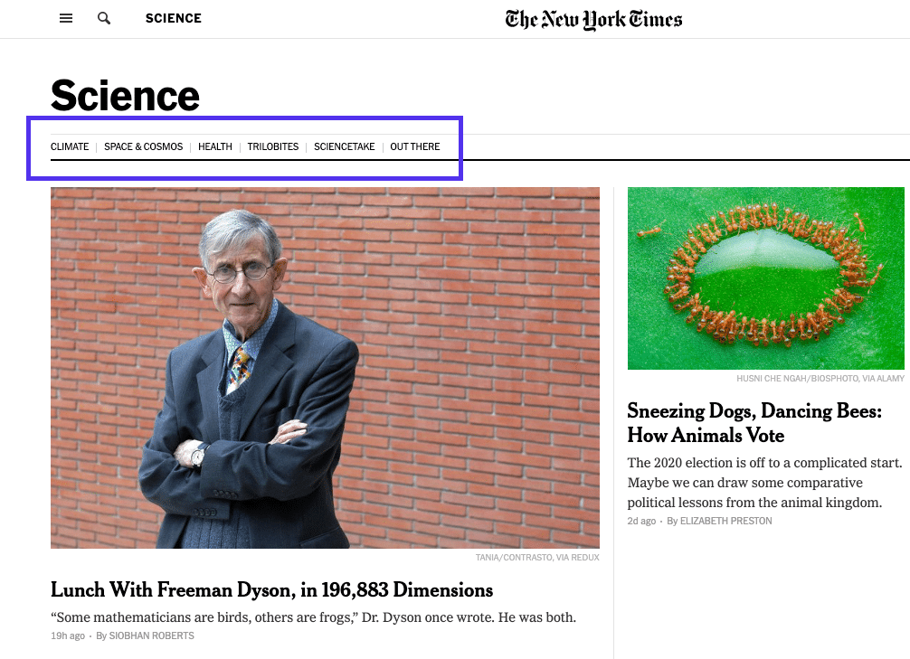 Page scientifique du NYT - menu principal