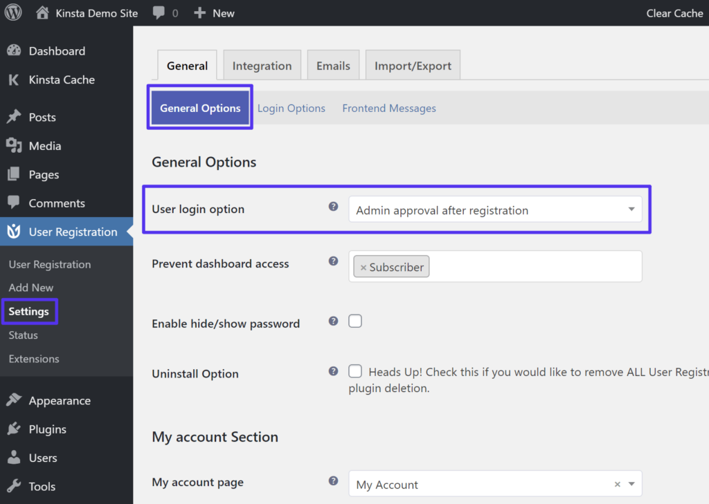 Activation de l'approbation de l'administrateur dans l’extension User Registration