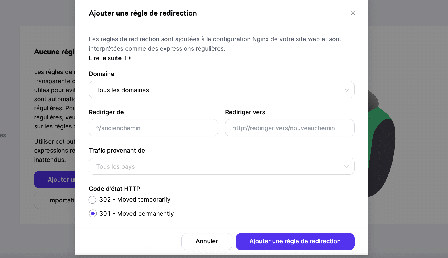 L'écran « Ajouter une règle de redirection » dans MyKinsta.