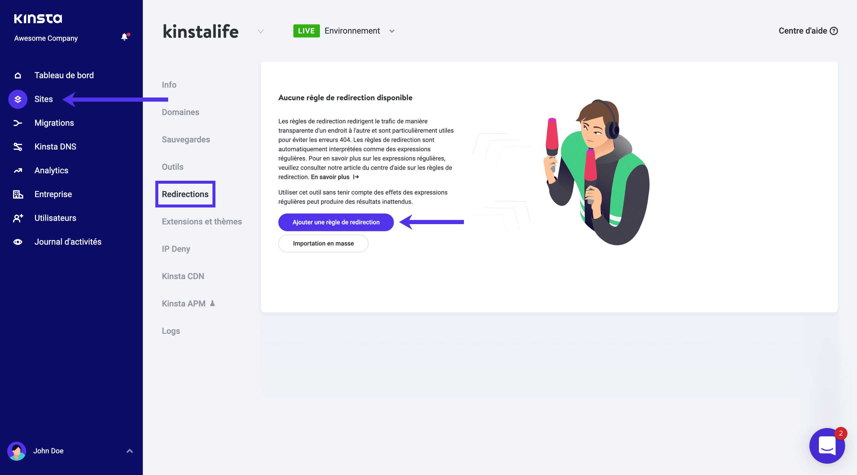 Ajouter ne règle de redirection dans MyKinsta