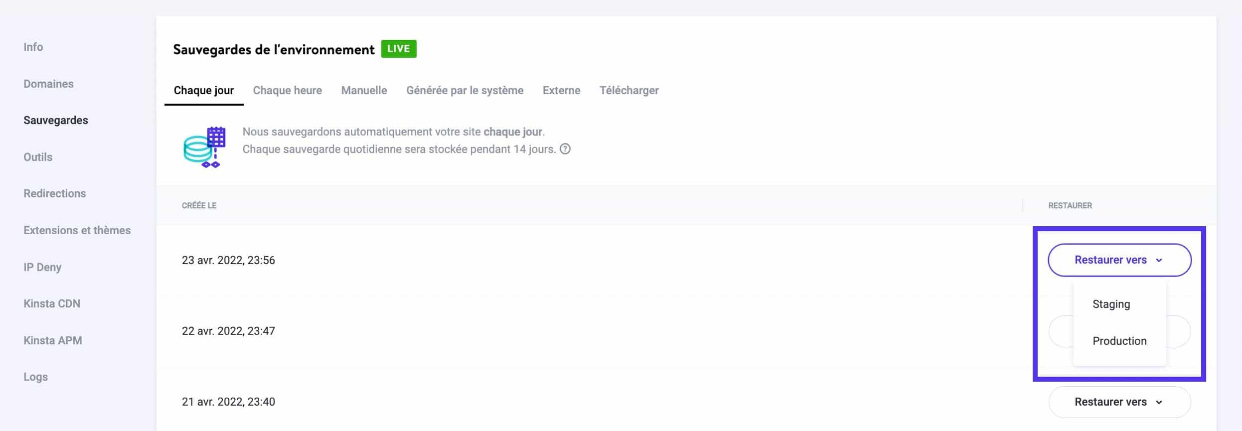 Options de restauration de la sauvegarde MyKinsta