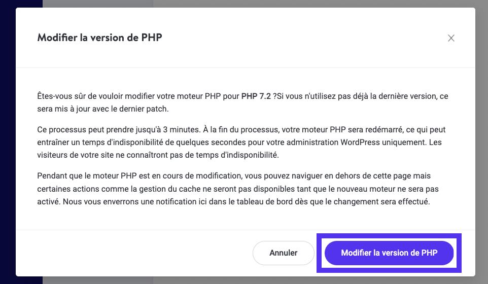 Confirmation d'un retour à une version antérieure de PHP