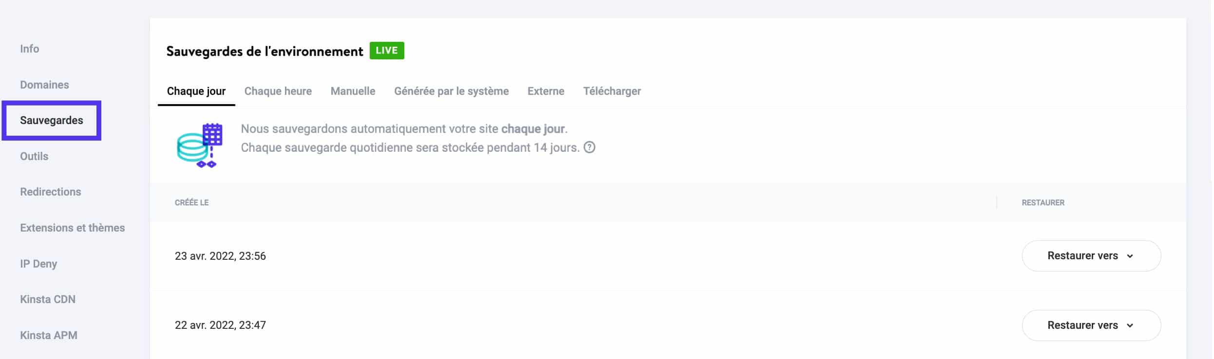 Sauvegardes de site MyKinsta