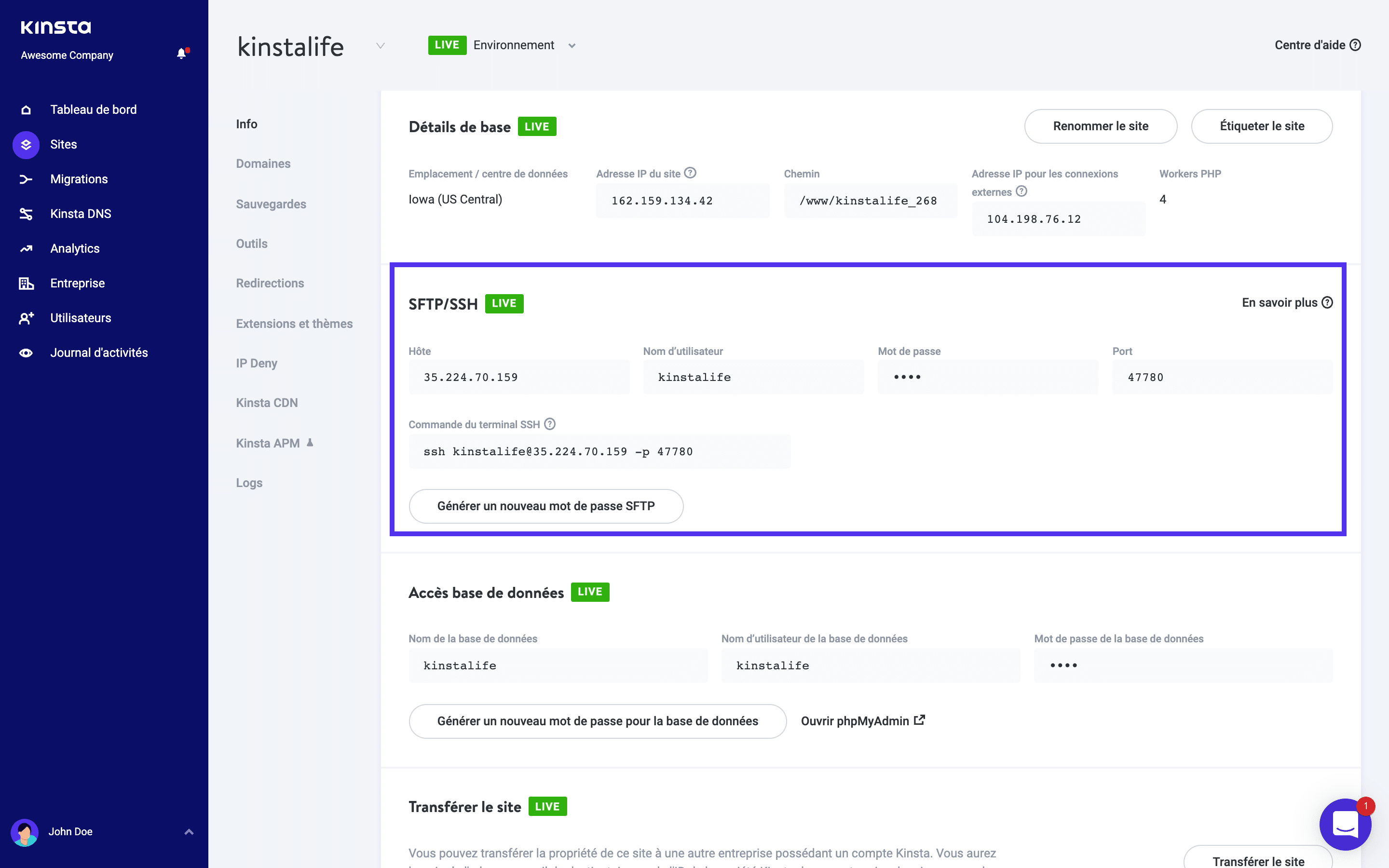 Identifiants de connexion dans MyKinsta