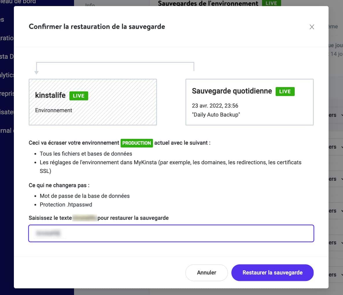 Restaurer des sauvegardes via MyKinsta