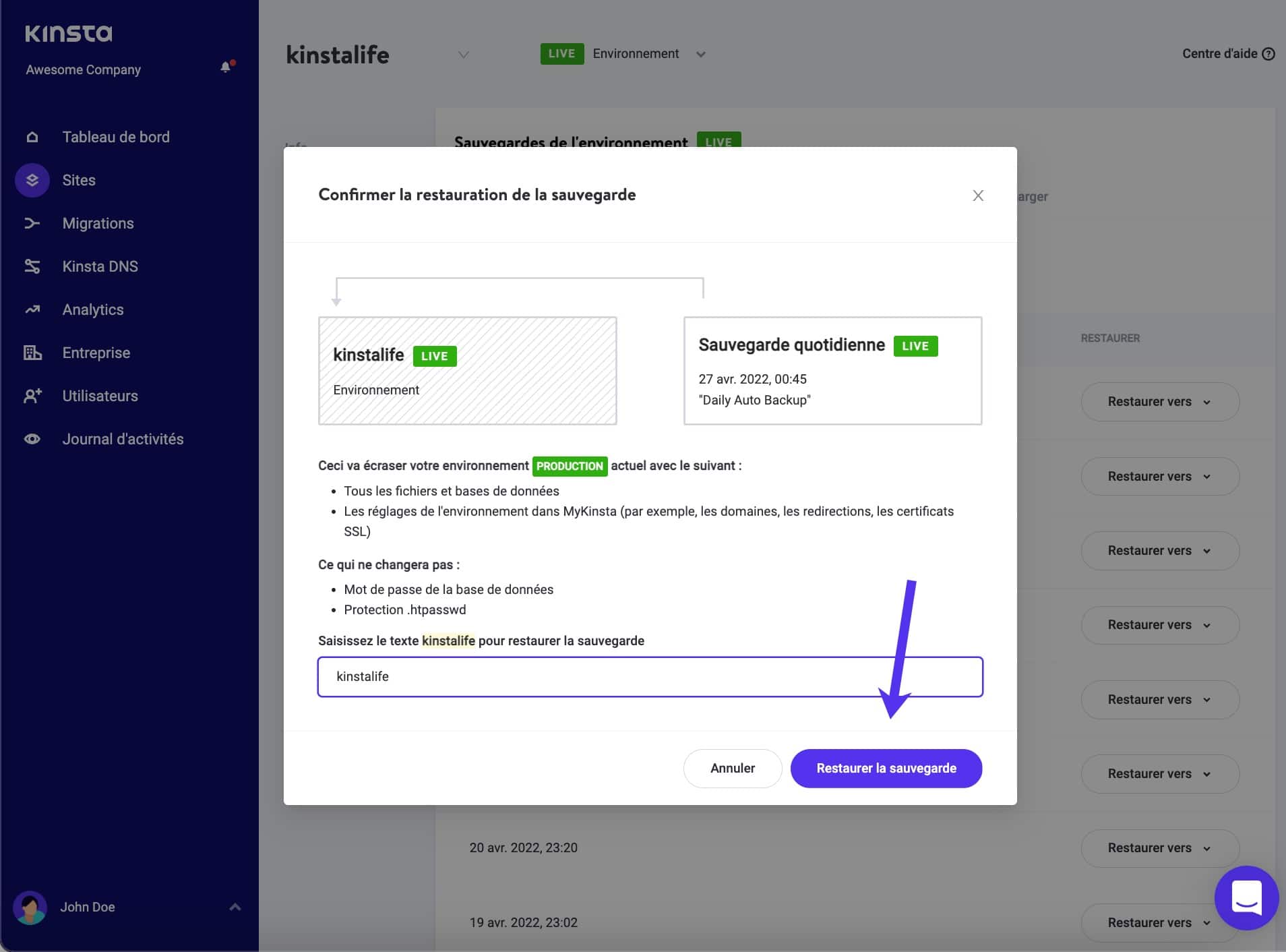 Restauration d’une sauvegarde WordPress sur le site en production dans MyKinsta