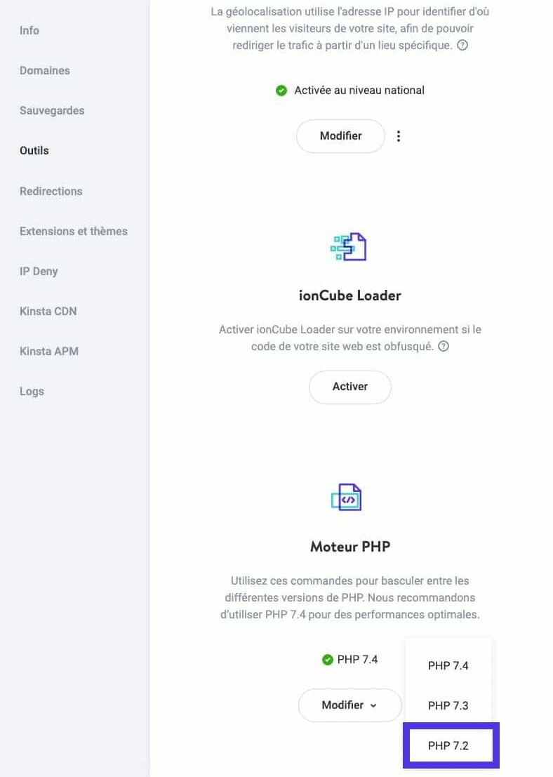 Sélection d'une version de PHP dans le tableau de bord MyKinsta