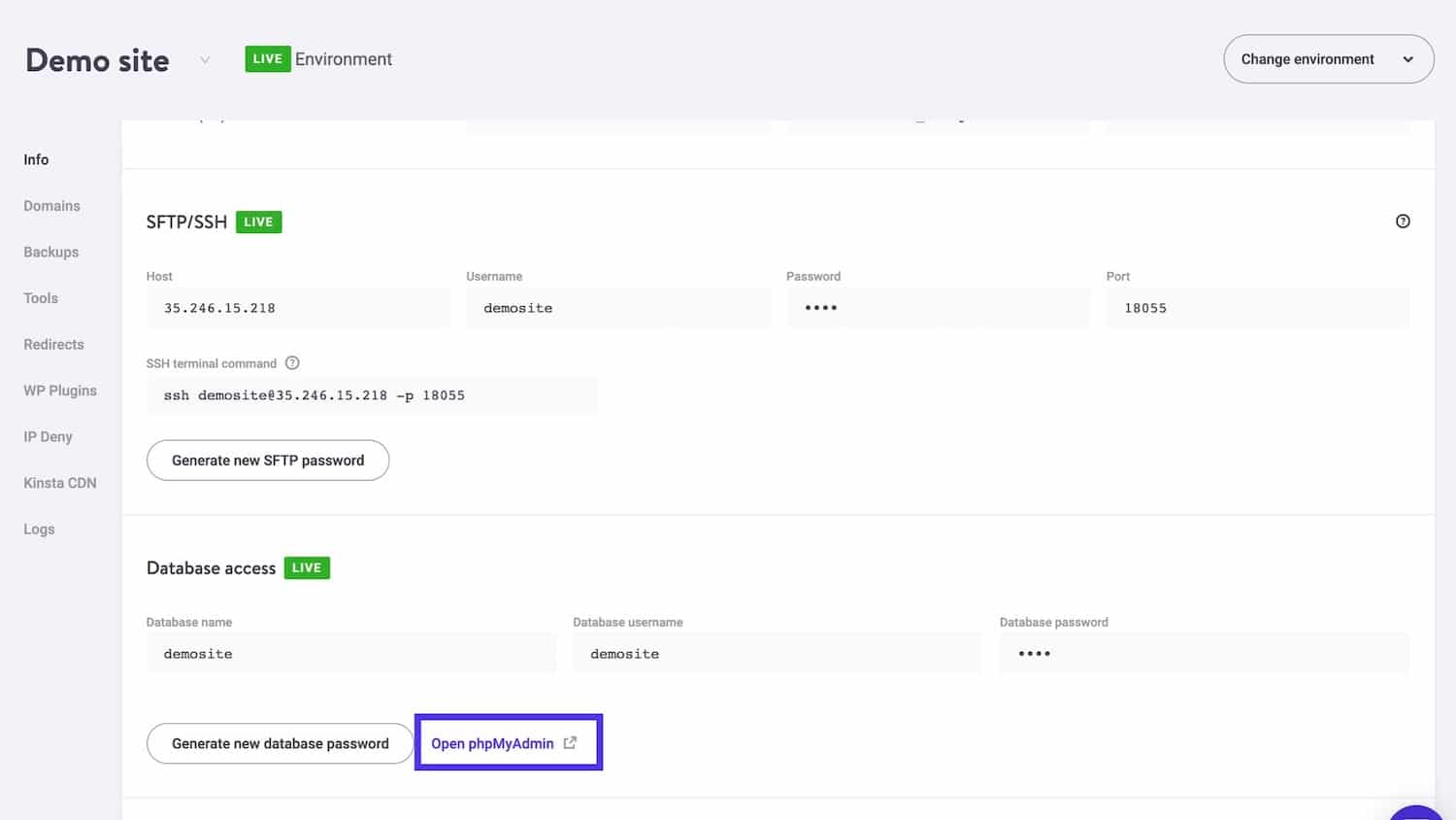 Ouvrir phpMyAdmin dans MyKinsta