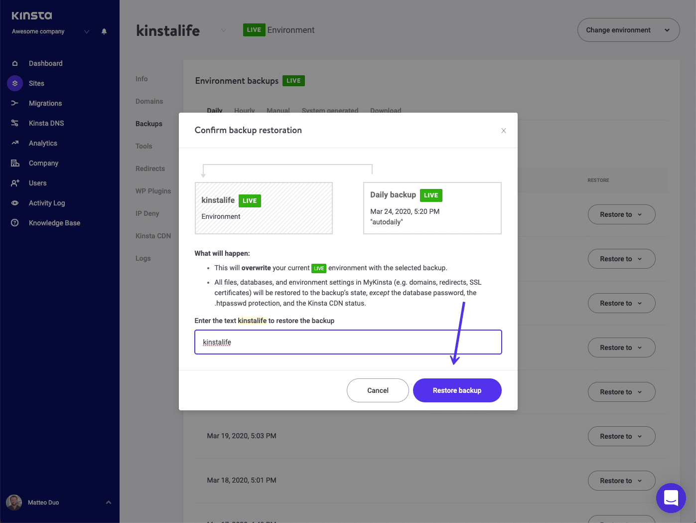 Restauration d'une sauvegarde WordPress sur le site en production dans MyKinsta
