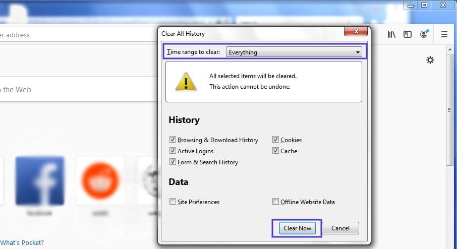 Le panneau "Clear All History" dans Firefox