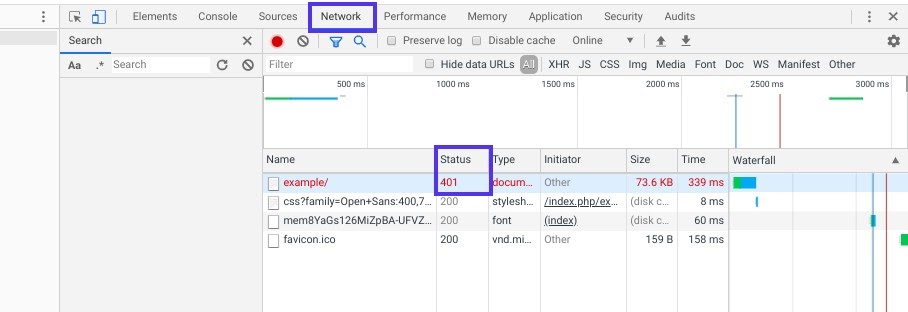 Le code de statut 401 dans la console de développement de Chrome