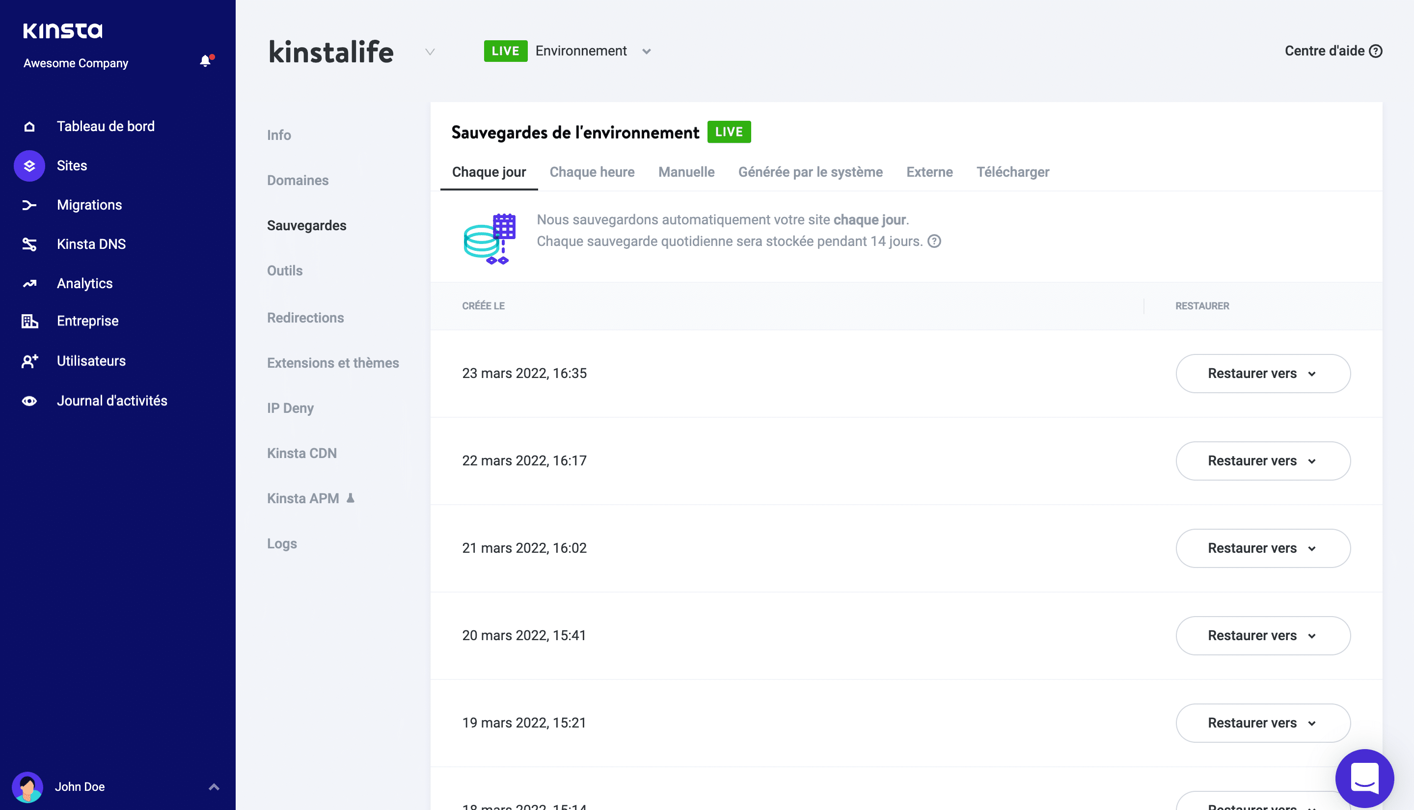 Sauvegardes dans MyKinsta