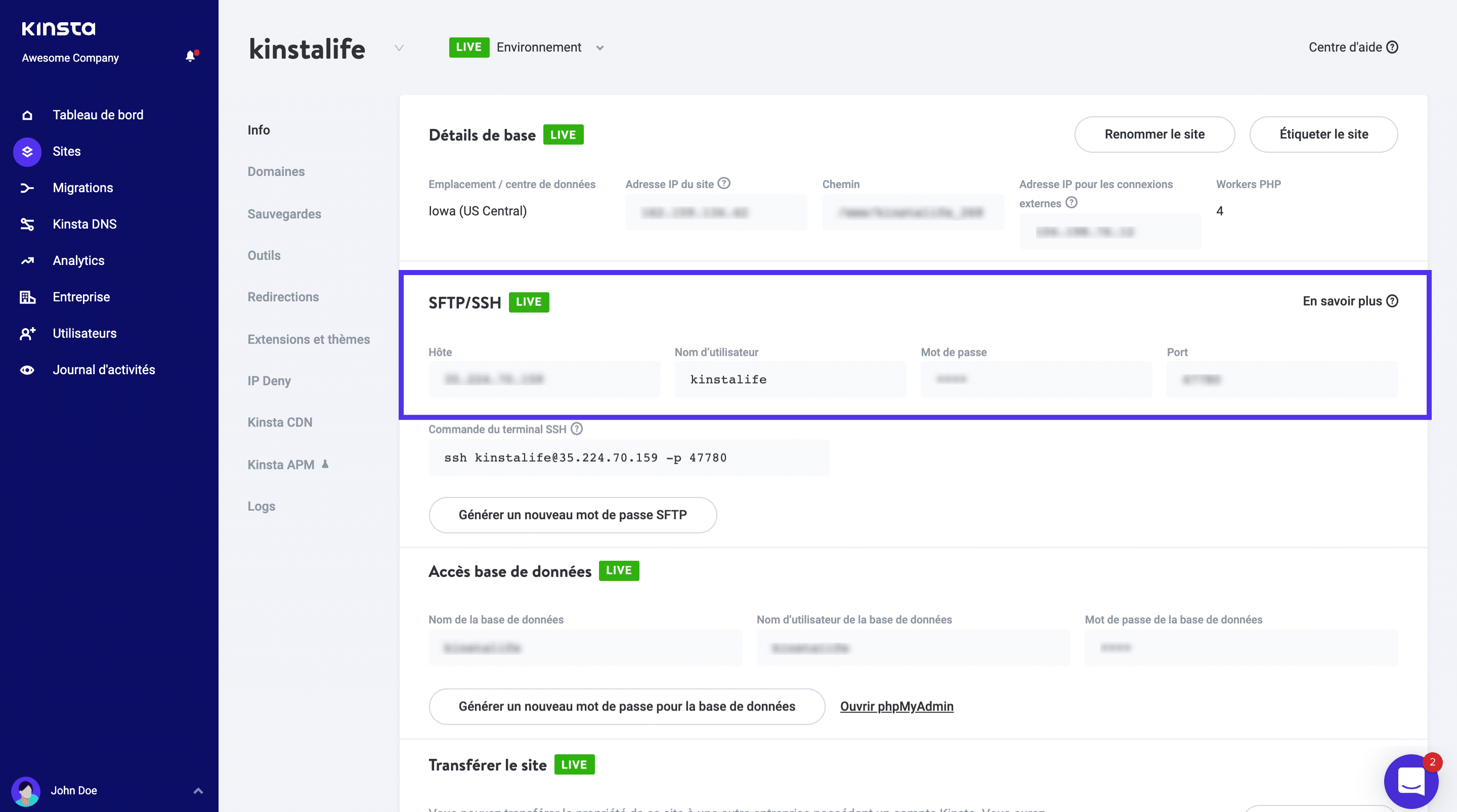 Identifiants FTP dans MyKinsta