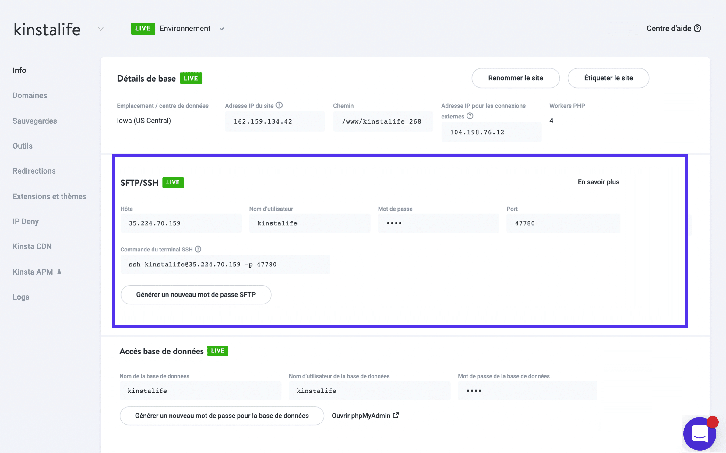 Identifiants de connexion dans MyKinsta