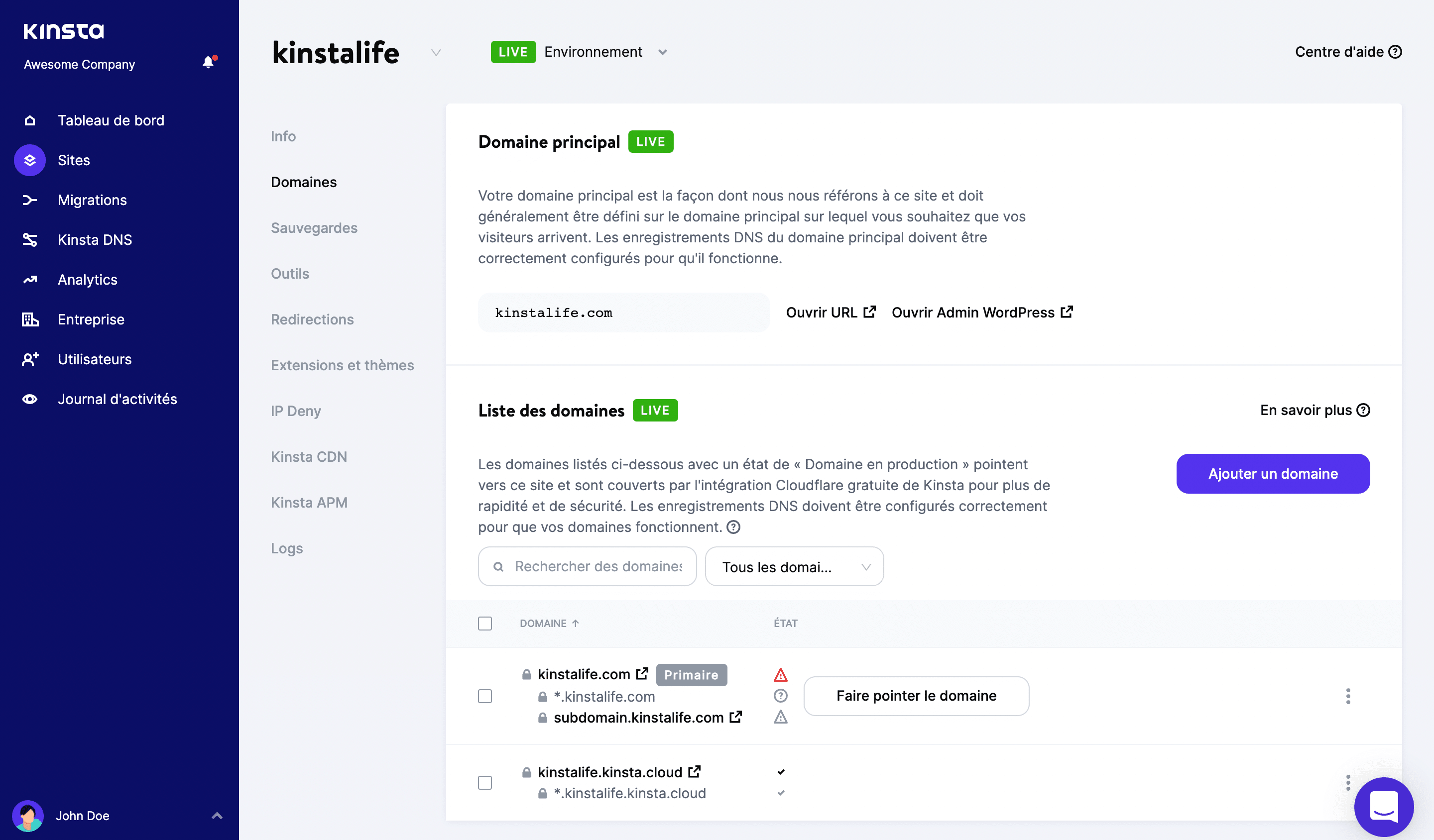 Domaines multi-sites dans MyKinsta.