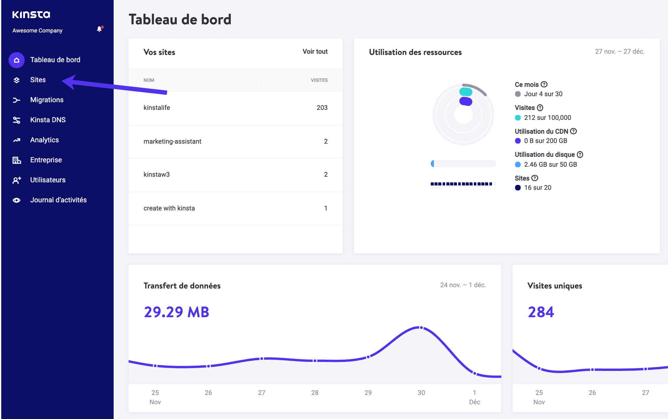 Onglet Sites dans le tableau de bord MyKinsta.