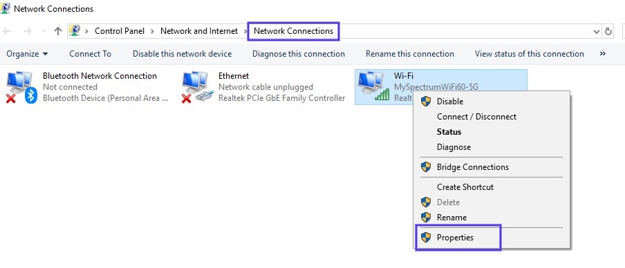 La page de configuration des connexions réseau dans Windows