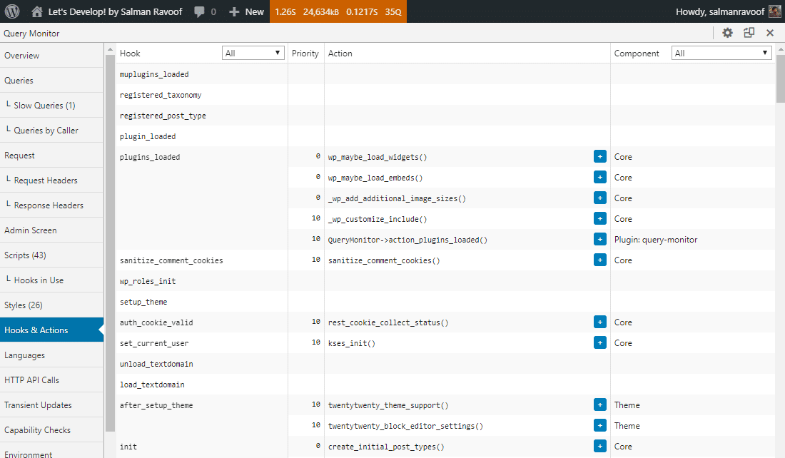 Le panneau Hooks & Actions dans Query Monitor