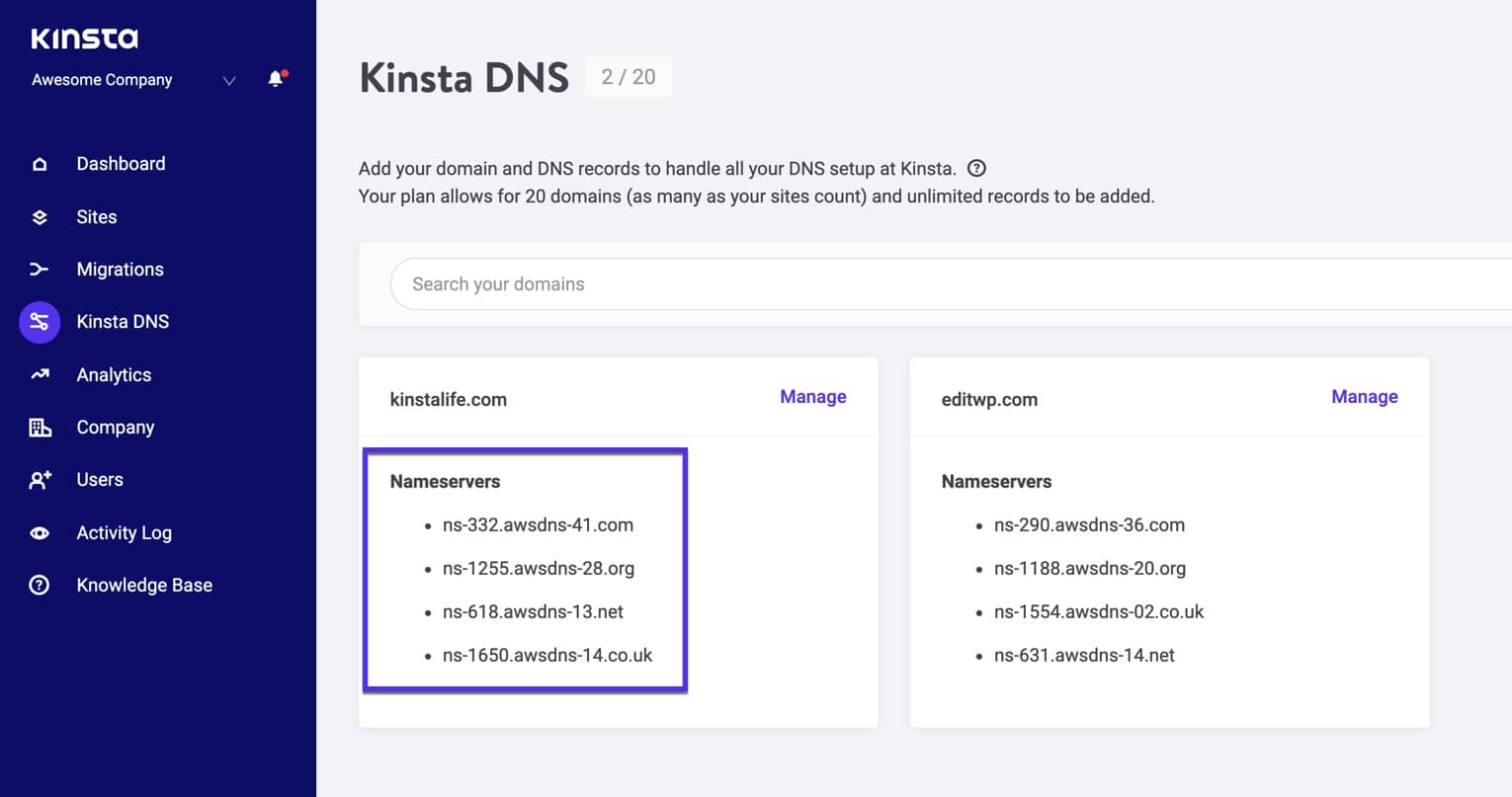 Serveurs de noms Kinsta DNS.