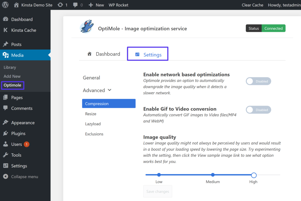 La zone des réglages d'Optimole - Les images WordPress WebP sont activées par défaut