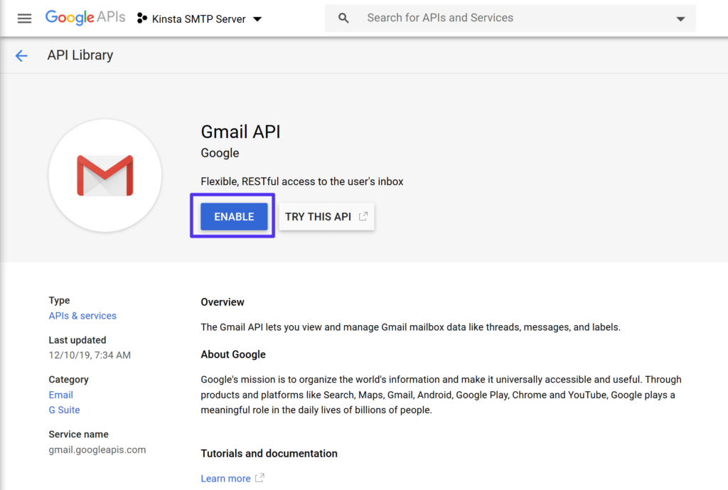 Activer l'API Gmail