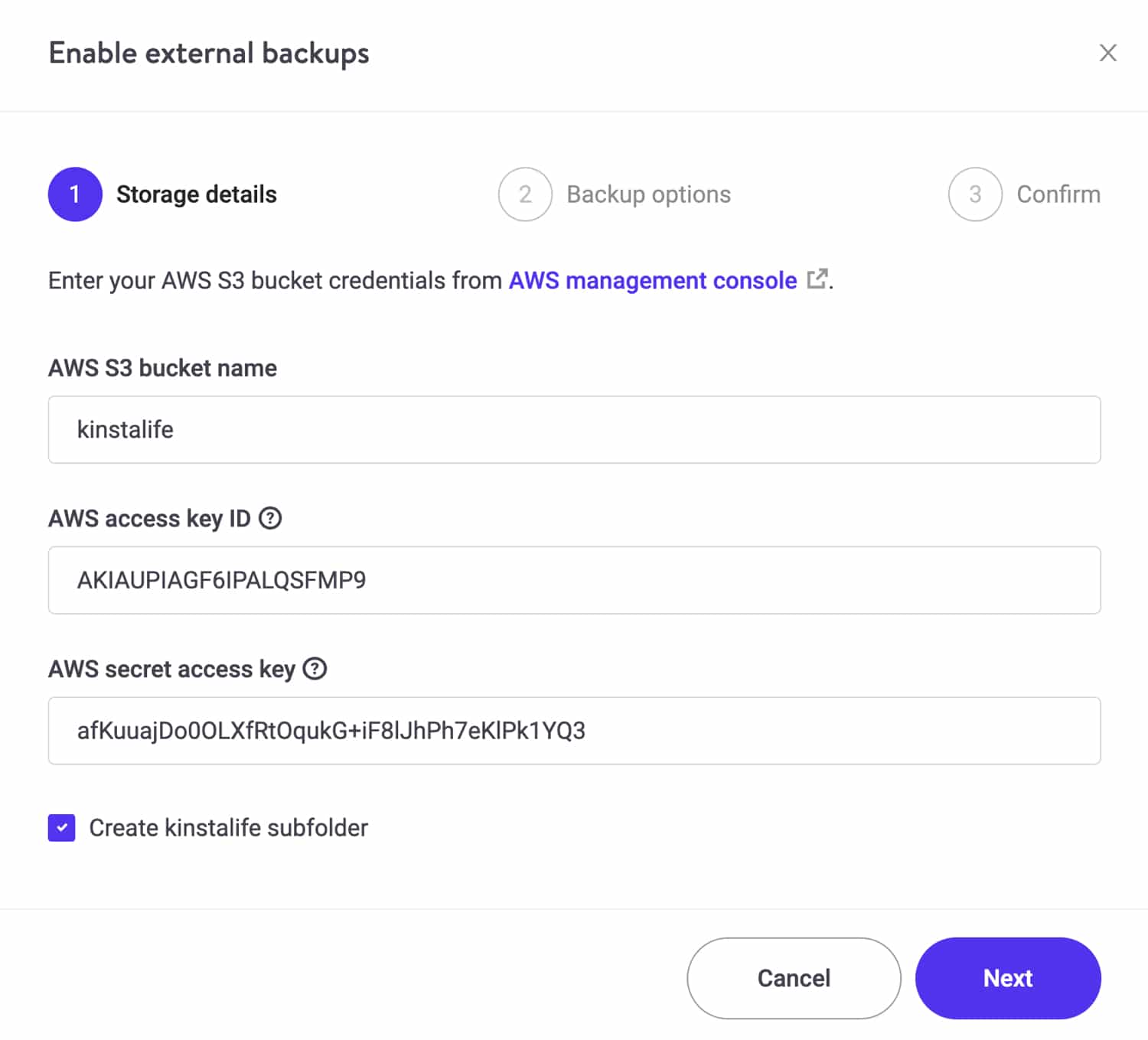 Ajoutez vos identifiants AWS dans MyKinsta.